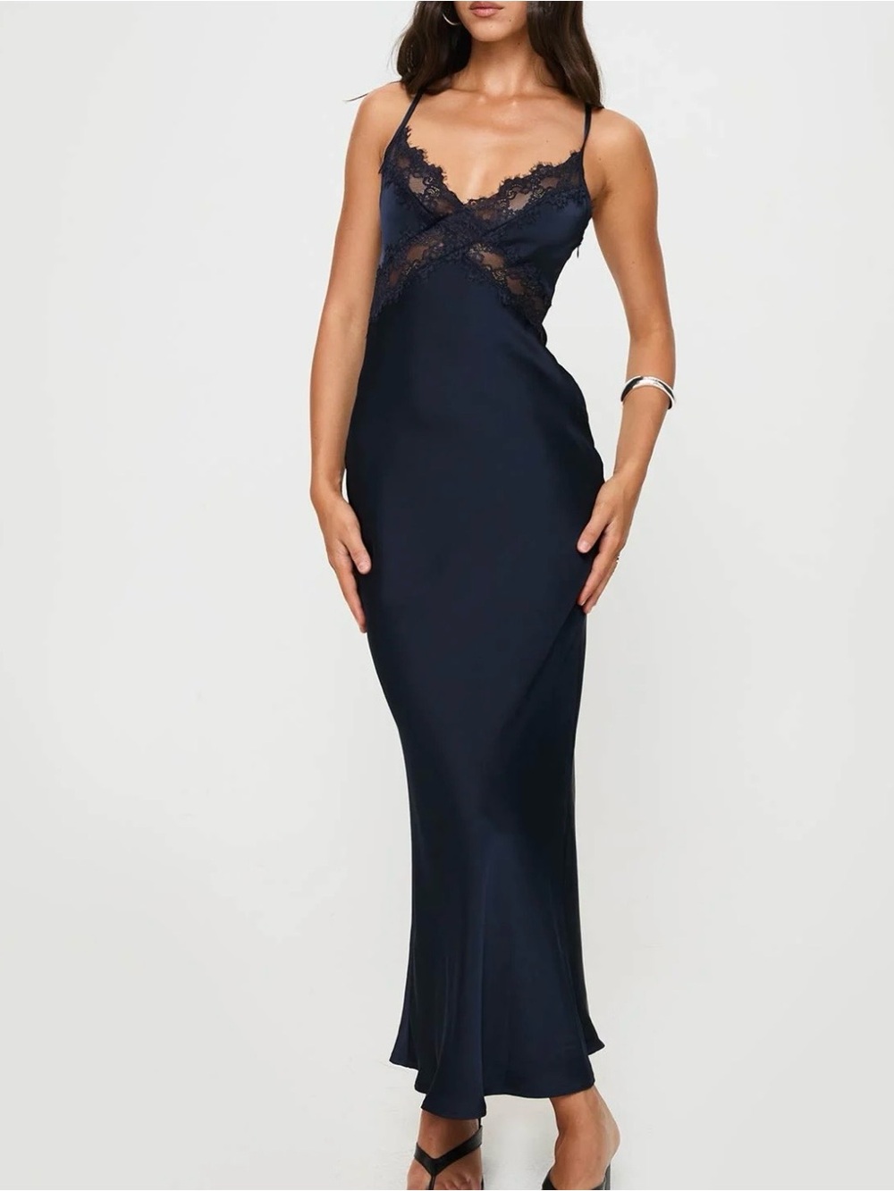 Princess Polly Navy Lace-Trim Satin Slip Gown